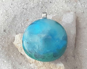 Bluegreen Ocean handmade glass cabochon pendant, sanibel sand, Sterling starfish bail.