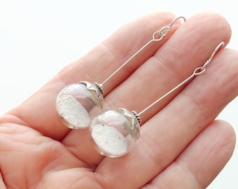 Glass Orb beach terrarium handmade long dangle sterling and argentium silver earrings, ooak