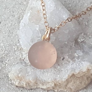 Tiny rose pale pink etched glass cabochon charm pendant, bronze bail and chain, ooak, minimal