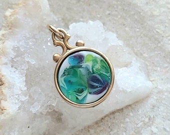 Tiny handmade millefiori art glass cabachon charm pendant necklace, blue green bronze.