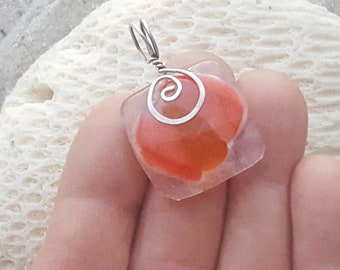 Orange Pink fused glass and fine silver pendant, beach sand fired in the glass, 2" tall