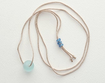 Baby Blue Etched Glass Bead Necklace, Sanibel Sand, Adjustable Beige Cord