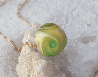 Handmade Green Swirl lampwork Glass Pebble Bead Necklace, Beach Sand, Bronze Paperclip Chain