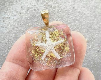 Handmade Fused Glass Starfish Pendant, 23K Gold, Sanibel Sand, Bronze Bail