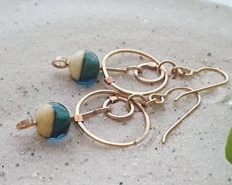 Artisan Bronze Circle Dangle Earrings with Lampwork Glass Beads, Handmade, Blue Beige