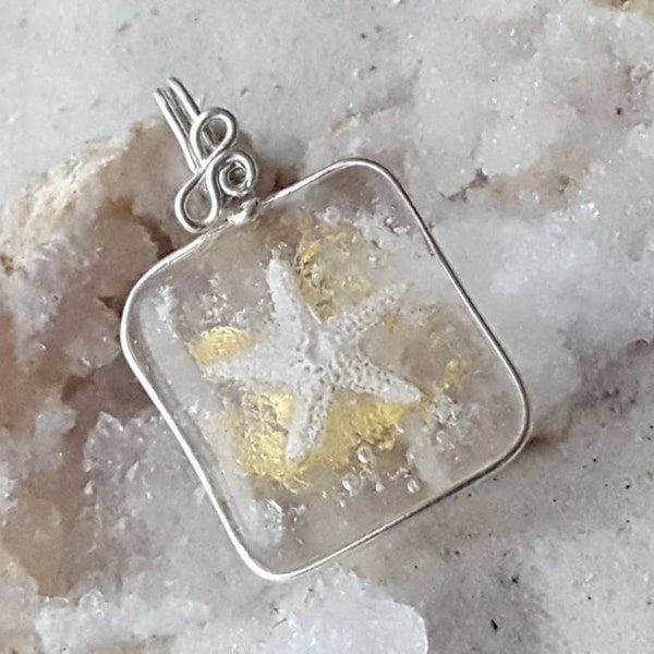 Sanibel Sea Star Shell pendant with beach sand and 23 K gold fused in glass and wrapped in fine silver, OOAK handmade