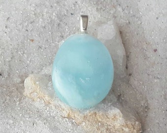 Handmade Ocean Glass Pendant, Beach Sand Fired Glass, Larimar Style