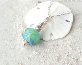 Handmade Ocean Swirl Lampwork Glass Pendant Necklace, Beach Sand Fused, Sterling Silver Bail