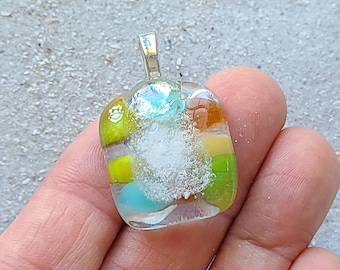Fused Dichroic Glass Pendant with Sanibel Sand, Handmade Beach Vibe Jewelry
