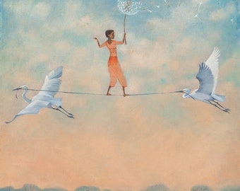Limited edition print of "Suspended" original art by Lucy Campbell - girl on tightrope, fairy clock, white cranes, dandelion clock