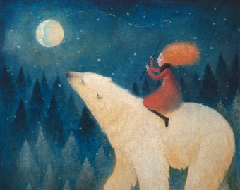 6 x Greetings Cards "Catch me the Moon" design, Lucy Campbell polar bear art, red haired girl, moon