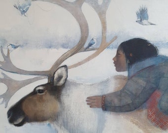 Limited edition print van "Caribou", origineel Lucy Campbell-schilderij. Kariboe, kind, vogels, sneeuw.