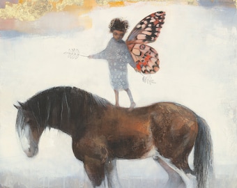 Lucy Campbell greetings card "Spread Your Wings", little girl with butterfly wings on the back of a clydesdale horse