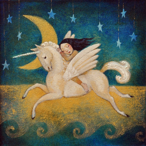 Carte de voeux Lucy Campbell « Golden Moon », oeuvres d'art originales, licorne, cheval ailé, lune, étoiles, fille. Carte de voeux originale.