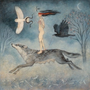 Lucy Campbell greeting card "Singing Over the Bones" woman riding blindfolded on running wolf, spirit animals, owl, raven, snake, swallow
