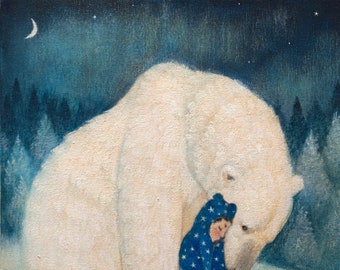 Lucy Campbell greeting card "Boy in Blue 2" polar bear hugging boy in blue starry pyjamas, winter solstice, Christmas card