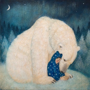 Lucy Campbell greeting card "Boy in Blue 2" polar bear hugging boy in blue starry pyjamas, winter solstice, Christmas card