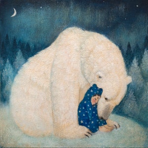 Limited edition giclée print of original Lucy Campbell painting 'Boy in Blue'. Polar bear with boy in blue. Winter colours.