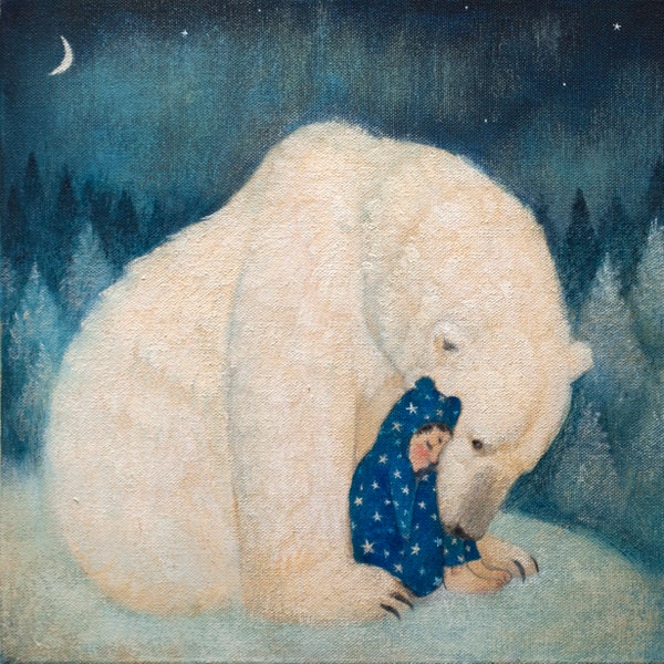 Limited edition giclée print of original Lucy Campbell painting 'Boy in Blue'. Polar bear with boy in blue. Winter colours.
