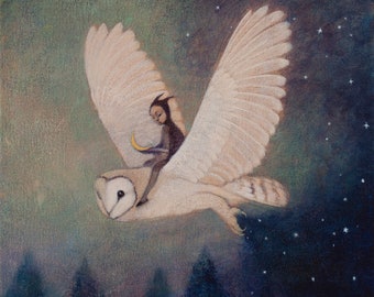 Greeting card - "Boa Noite" - Lucy Campbell art - owl, creature of the night, moon, stars, forest, night flight, fantasy art