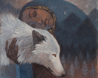 Lucy Campbell greetings card, "You carry the mountain within you". Dark skinned woman, white wolf, mountain, stars, forest.