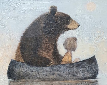 Limited edition giclée print - "Bear with Me" - original painting by Lucy Campbell, little boat, child, bear, reflections