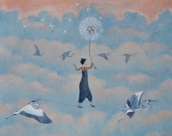 Lucy Campbell print "Lightness of Being". Signed limited edition print. Cranes, tightrope walker, dandelion clock, clouds, sunset