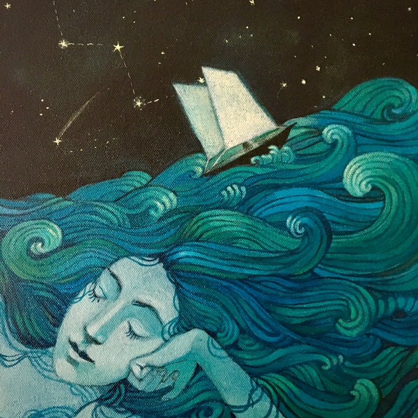 Lucy Campbell affiche « Mon esprit est un océan ». Impression en édition limitée signée. Femme dans la mer, vagues, petit bateau, étoiles, navigation