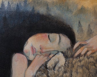 Giclée print of original Lucy Campbell painting. Limited edition print. Woman hugging wolf. "Tenderness of wolves" Wolf print