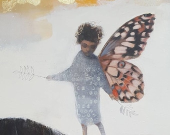 Spread Your Wings - Limited edition giclée print of original painting by Lucy Campbell. Clydesdale horse, little girl, butterfly wings.