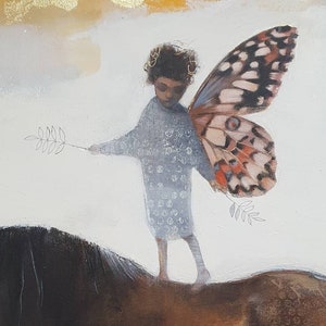 Spread Your Wings - Limited edition giclée print of original painting by Lucy Campbell. Clydesdale horse, little girl, butterfly wings.
