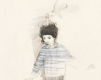 Lucy Campbell print "Balance #3". Signed limited edition print. Contemporary ink drawing, girl, doves