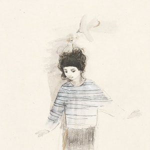Lucy Campbell print Balance 3. Signed limited edition print. Contemporary ink drawing, girl, doves image 1