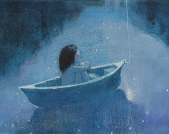 Lucy Campbell print 'Wired to the Moon'. Signed limited edition print. Long-haired boy in boat. Moon, reflections, stars