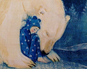 Lucy Campbell greeting card "Boy in Blue 1" polar bear hugging boy in blue starry pyjamas, winter solstice, Christmas card