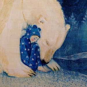 Lucy Campbell greeting card "Boy in Blue 1" polar bear hugging boy in blue starry pyjamas, winter solstice, Christmas card