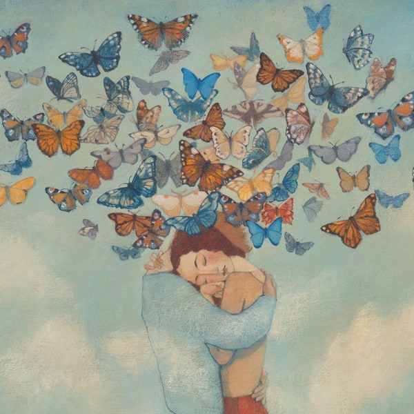 Lucy Campbell greetings card "The fragrance of our days", original artwork, butterflies, lovers embracing, floating, clouds.