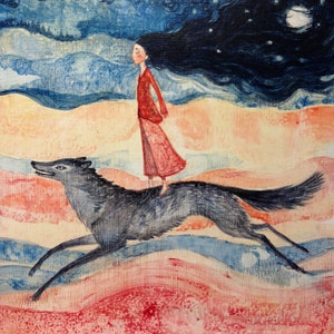 Carte de voeux de Lucy Campbell « L'âme affamée ». Carte de voeux unique, femme courant avec un loup.
