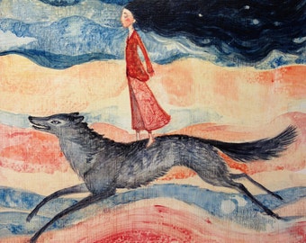 Lucy Campbell greetings card "The Hungry Soul". Unique greeting card, woman running with wolf.