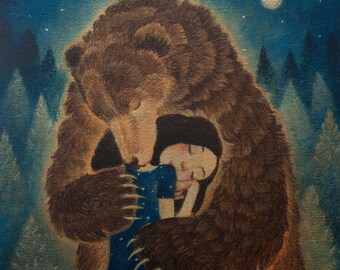 Lucy Campbell print Tuesday's Bear. Limited edition print, brown bear hugging girl, forest, moon and stars.