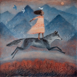 6 x cartes de voeux Lucy Campbell, motif « Chaque matin, le monde est créé », loup, fille à la peau foncée, montagnes