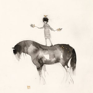 Lucy Campbell limited edition print "Stand Strong", Clydesdale horse, girl on horse, bird, balance, standing strong