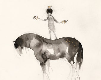 Lucy Campbell limited edition print "Stand Strong", Clydesdale horse, girl on horse, bird, balance, standing strong