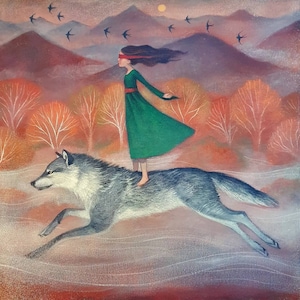 Lucy Campbell print "The Calling Home" - girl in green dress running wolf, mountains, swallows, autumn colours. Limited edition giclée print