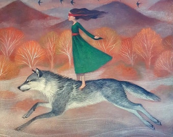 Lucy Campbell-Druck „The Calling Home“ – Mädchen in grünem Kleid, laufender Wolf, Berge, Schwalben, Herbstfarben. Giclée-Druck in limitierter Auflage