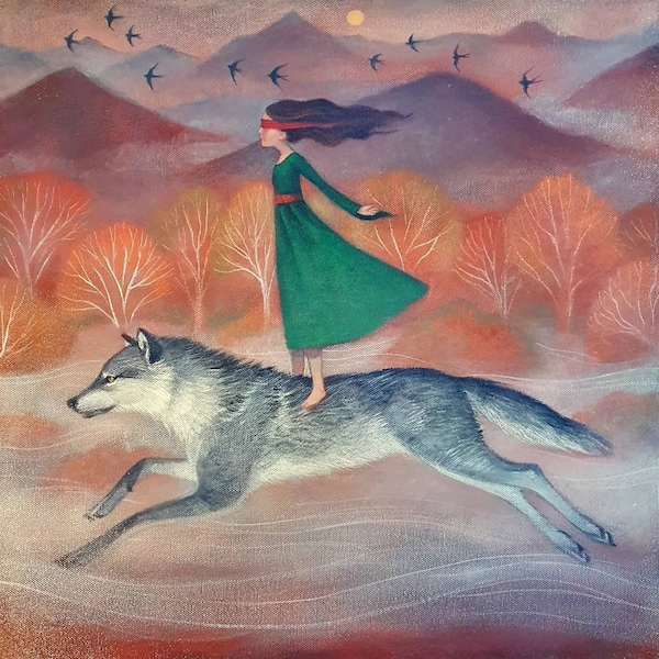 Lucy Campbell print "The Calling Home" - girl in green dress running wolf, mountains, swallows, autumn colours. Limited edition giclée print