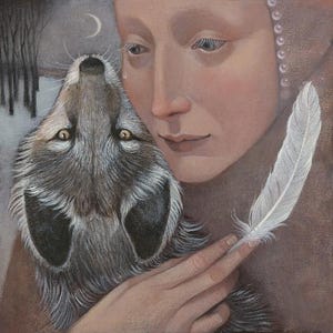 Carte de voeux Lucy Campbell « Unspeakable Love », oeuvre d'art originale de Lucy Campbell. Femme avec renard arctique, plume blanche, une seule larme, chagrin.