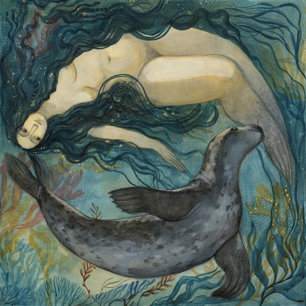 Impression en édition limitée de « Reclaiming Her Soulskin », oeuvre d'art originale de Lucy Campbell ; femme phoque, jeune fille phoque, selkie, phoque, mythe selkie