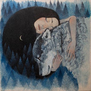 6 x Lucy Campbell Cards "Wolf Mother" design, Winter Solstice greetings cards, pack of six. Woman hugging wolf.