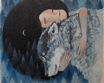 6 x Lucy Campbell Cards "Wolf Mother" design, Winter Solstice greetings cards, pack of six. Woman hugging wolf.